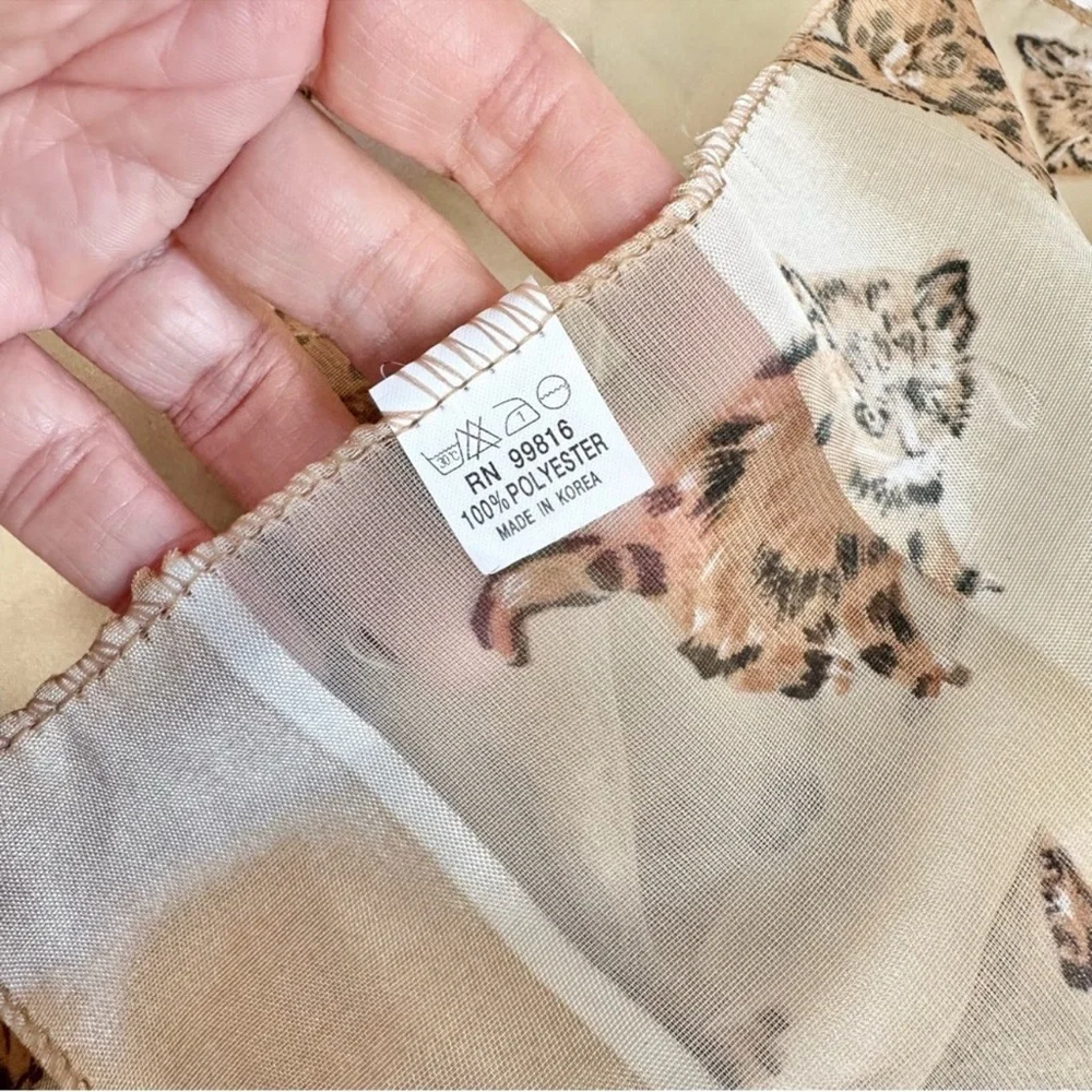 Metallic Gold Cream Chiffon Satin Silky Cat Print Scarf